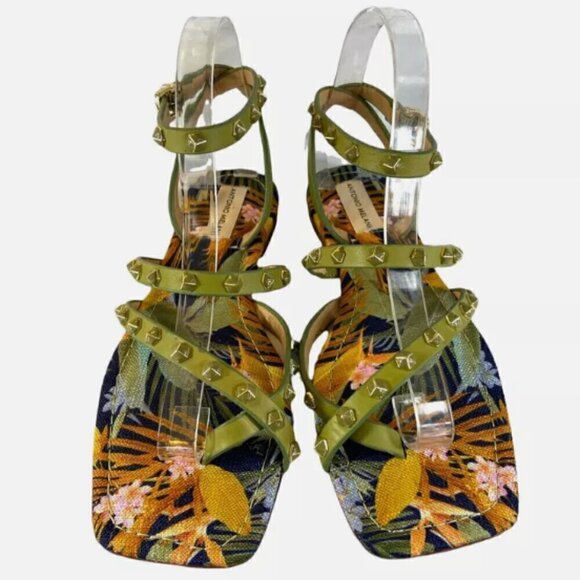 Antonio Melani Leather Studded Ankle Strap Tropical Print Sandals Size 7.5 - Picture 1 of 7